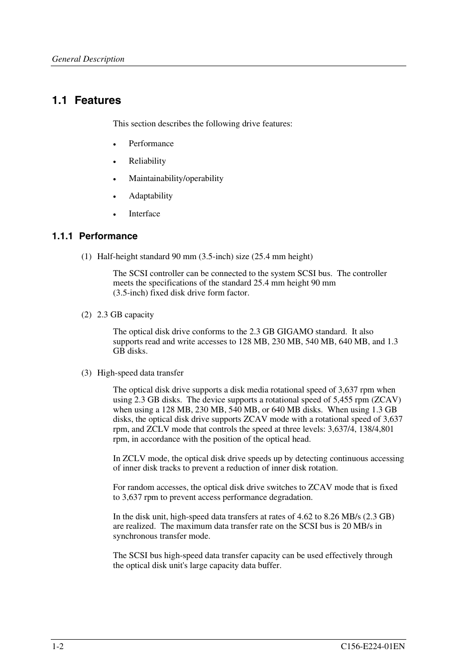 1 features, 1 performance | FUJITSU MCJ3230SS User Manual | Page 24 / 161