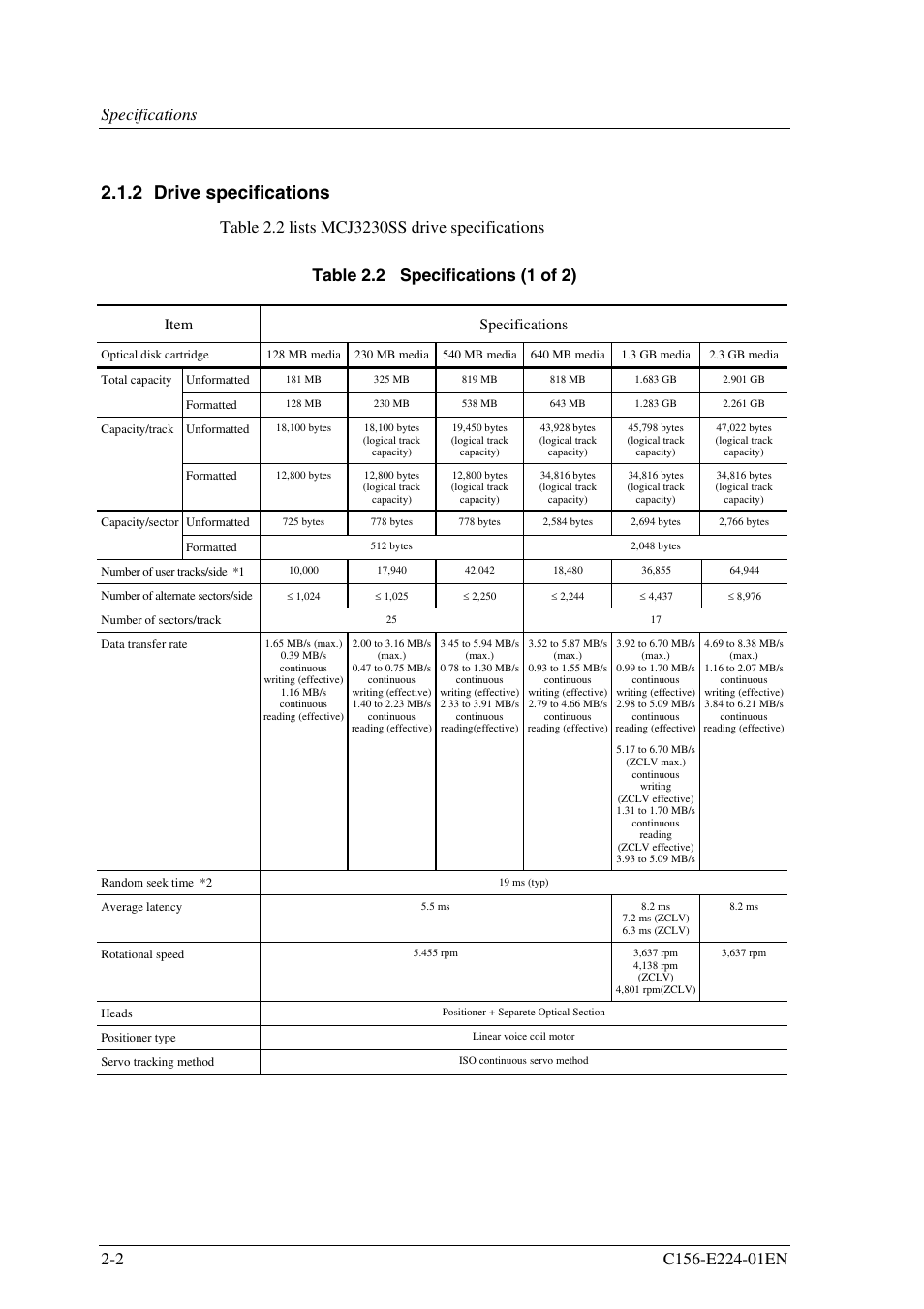 2 drive specifications, Item specifications | FUJITSU MCJ3230SS User Manual | Page 36 / 161