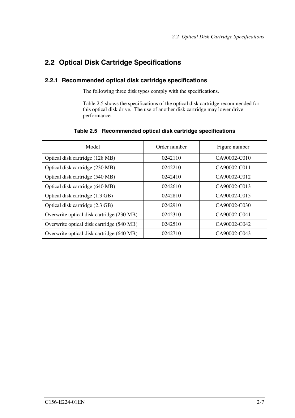 2 optical disk cartridge specifications | FUJITSU MCJ3230SS User Manual | Page 41 / 161