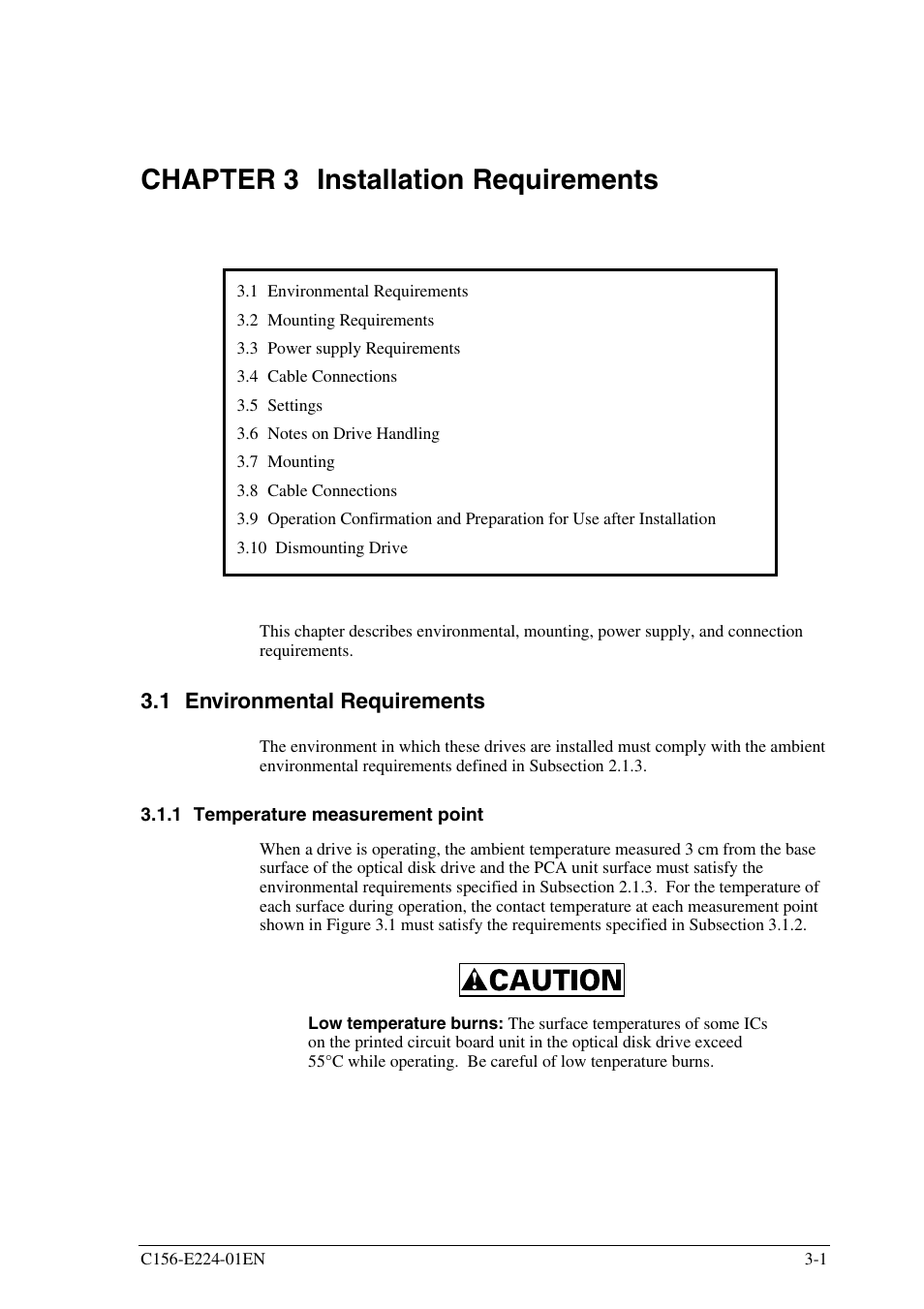 Chapter 3 installation requirements, 1 environmental requirements, 1 temperature measurement point | FUJITSU MCJ3230SS User Manual | Page 47 / 161