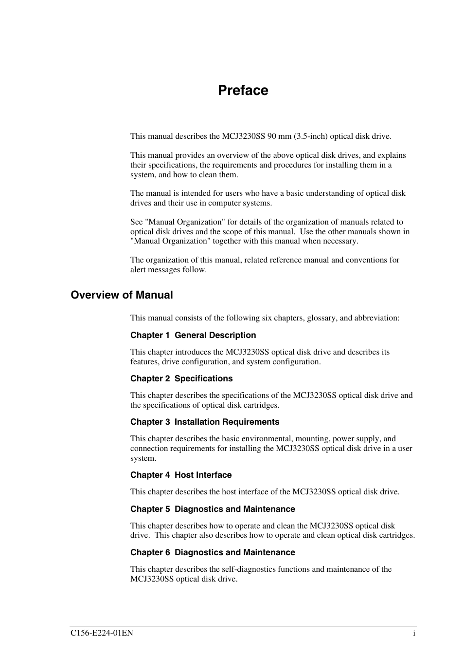 Preface, Overview of manual | FUJITSU MCJ3230SS User Manual | Page 5 / 161