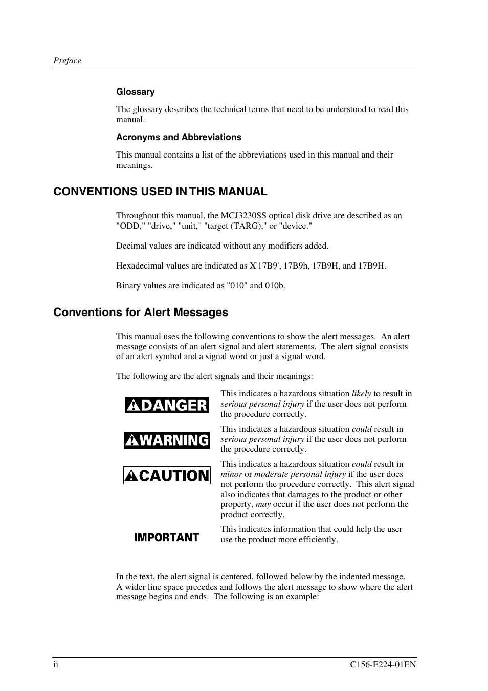 Conventions used in this manual, Conventions for alert messages | FUJITSU MCJ3230SS User Manual | Page 6 / 161