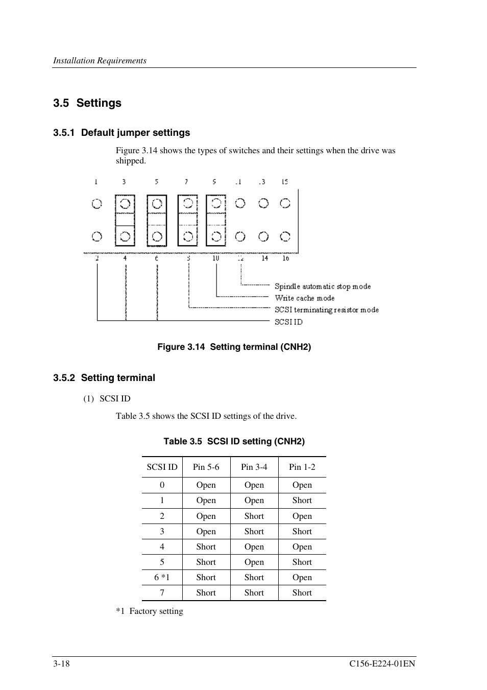 5 settings, 1 default jumper settings, 2 setting terminal | FUJITSU MCJ3230SS User Manual | Page 64 / 161