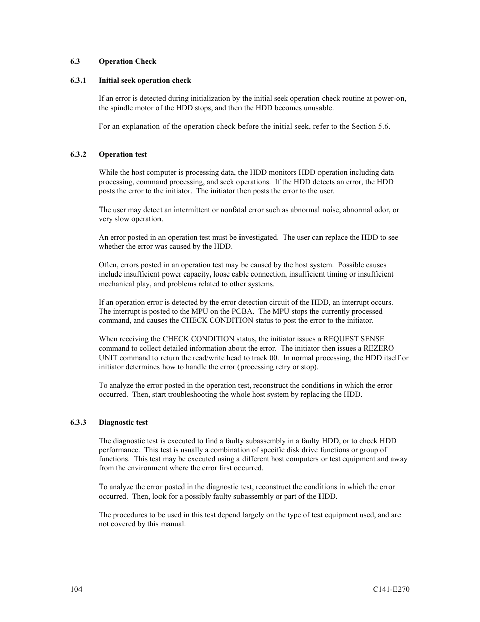 3 operation check, 1 initial seek operation check, 2 operation test | 3 diagnostic test | FUJITSU MBA3073NP User Manual | Page 108 / 138