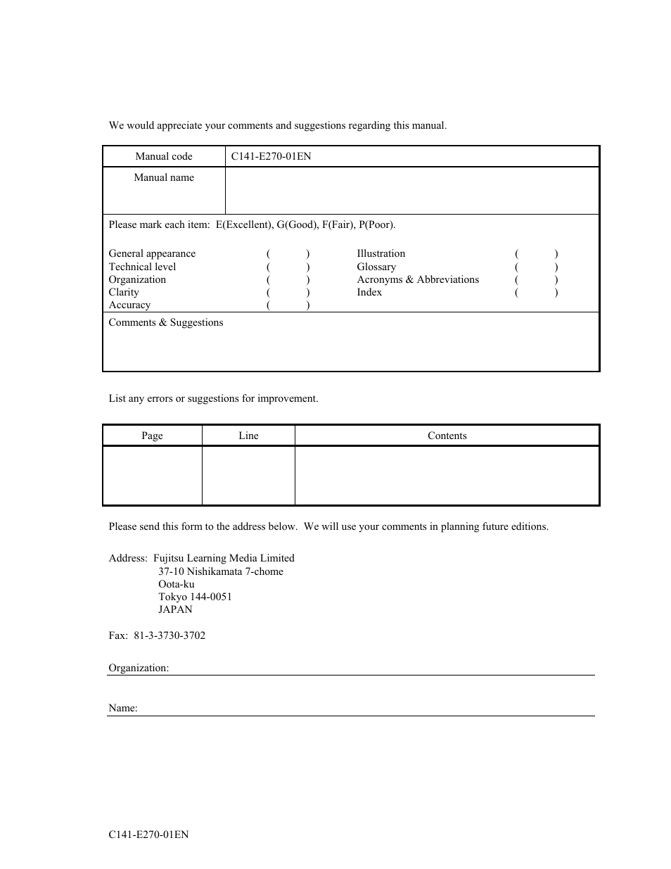 Comment form | FUJITSU MBA3073NP User Manual | Page 135 / 138