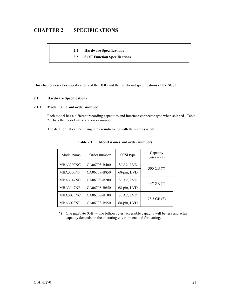 Chapter 2 specifications, 1 hardware specifications, 1 model name and order number | FUJITSU MBA3073NP User Manual | Page 25 / 138