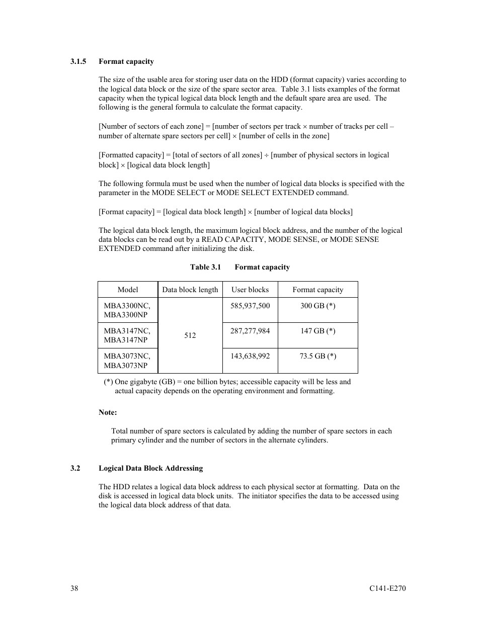 5 format capacity, 2 logical data block addressing | FUJITSU MBA3073NP User Manual | Page 42 / 138
