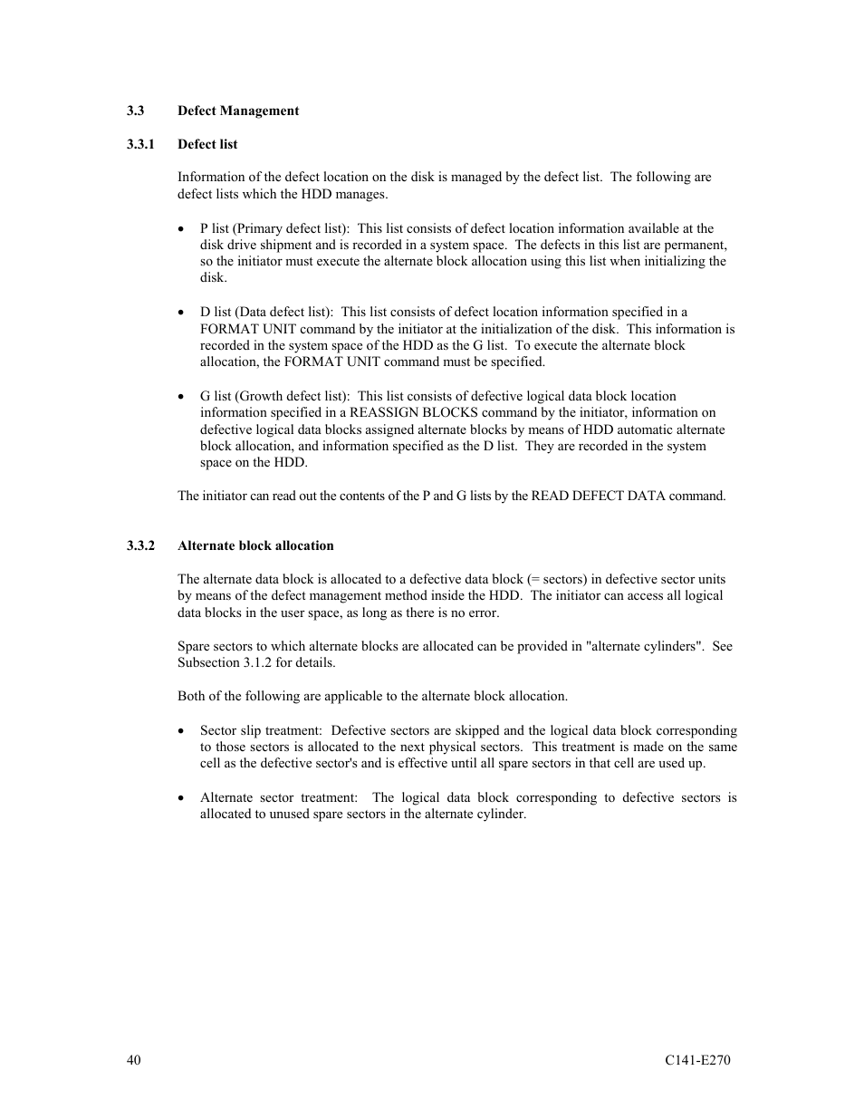 3 defect management, 1 defect list, 2 alternate block allocation | FUJITSU MBA3073NP User Manual | Page 44 / 138