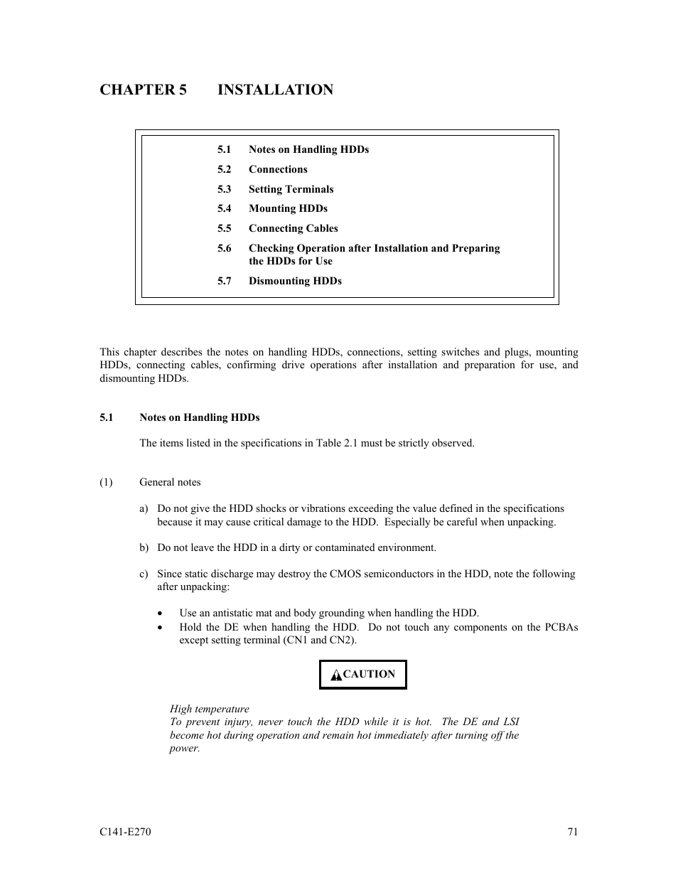 Chapter 5 installation, 1 notes on handling hdds | FUJITSU MBA3073NP User Manual | Page 75 / 138