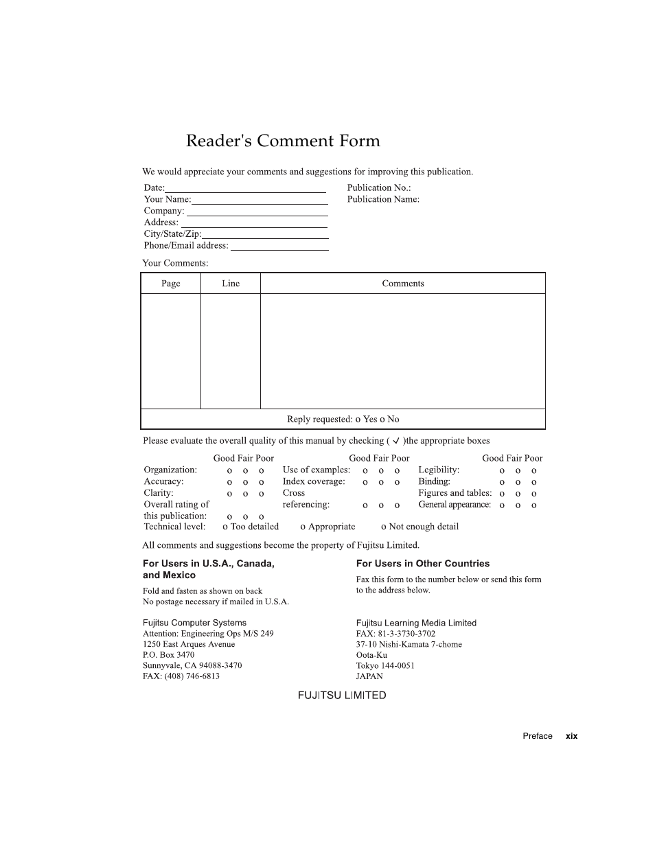 Reader's comment form | FUJITSU T5140 User Manual | Page 21 / 102