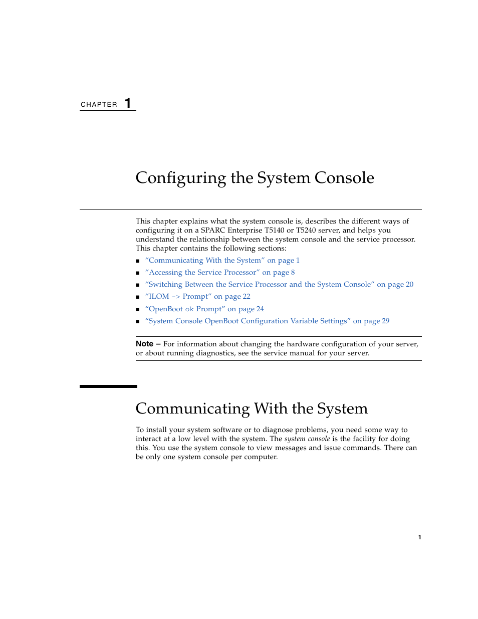 Configuring the system console, Communicating with the system, Chapter 1 | FUJITSU T5140 User Manual | Page 23 / 102