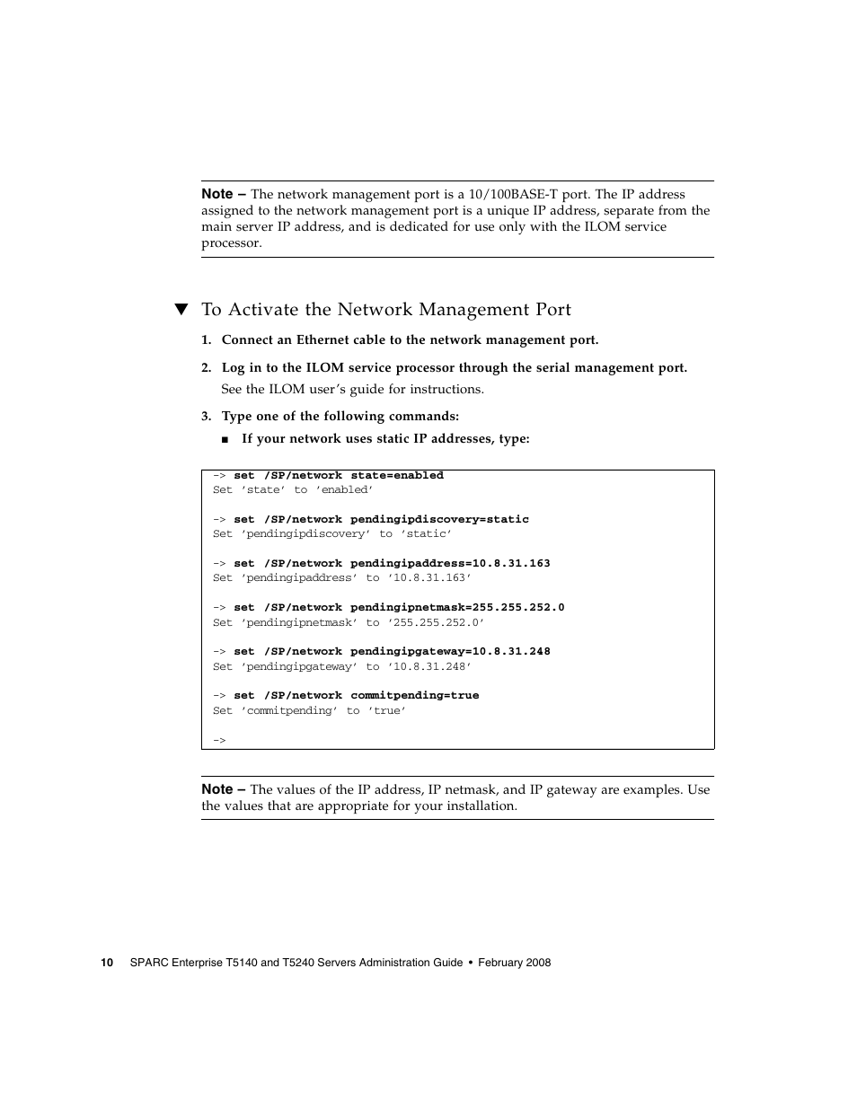 To activate the network management port | FUJITSU T5140 User Manual | Page 32 / 102