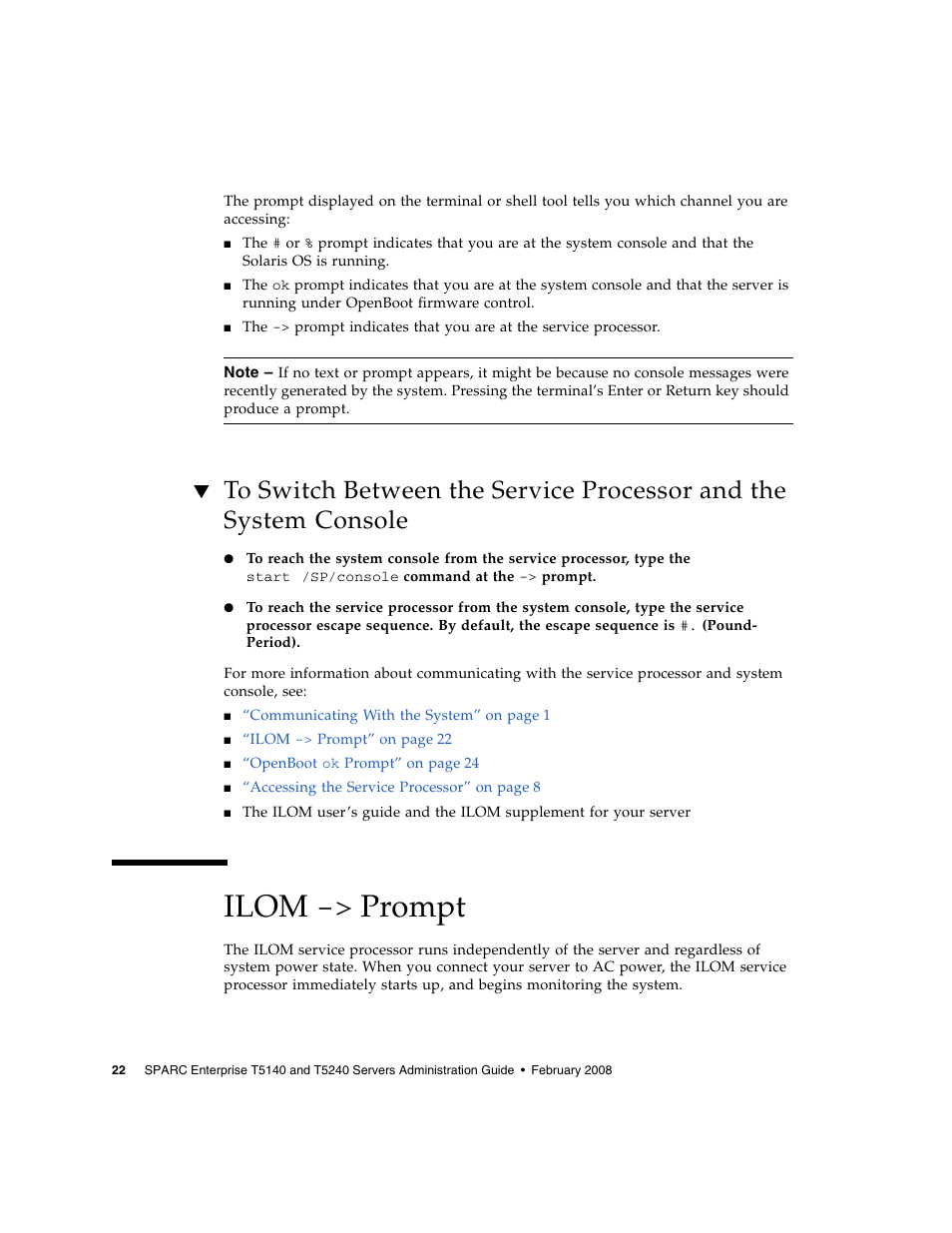 Ilom -> prompt, Ilom | FUJITSU T5140 User Manual | Page 44 / 102