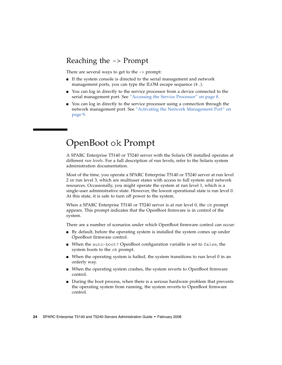 Reaching the -> prompt, Openboot ok prompt, Reaching the | Openboot | FUJITSU T5140 User Manual | Page 46 / 102