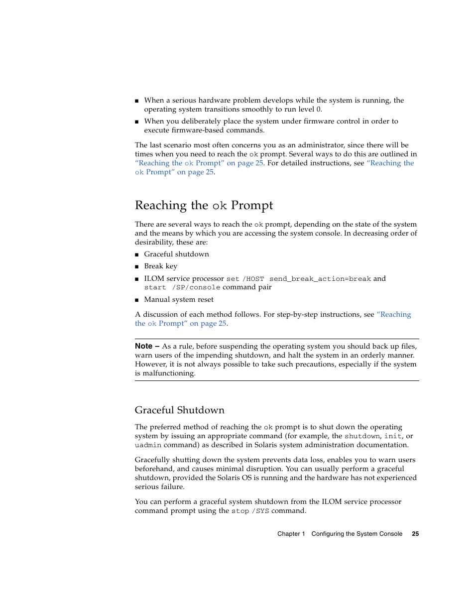 Reaching the ok prompt, Graceful shutdown, Reaching the ok | FUJITSU T5140 User Manual | Page 47 / 102