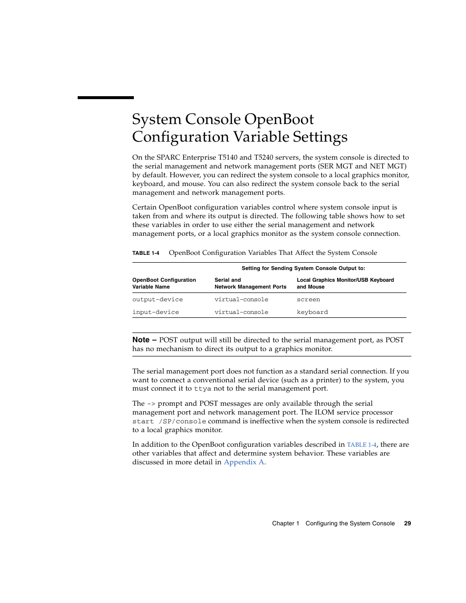 Table 1-4, System console openboot configuration variable | FUJITSU T5140 User Manual | Page 51 / 102