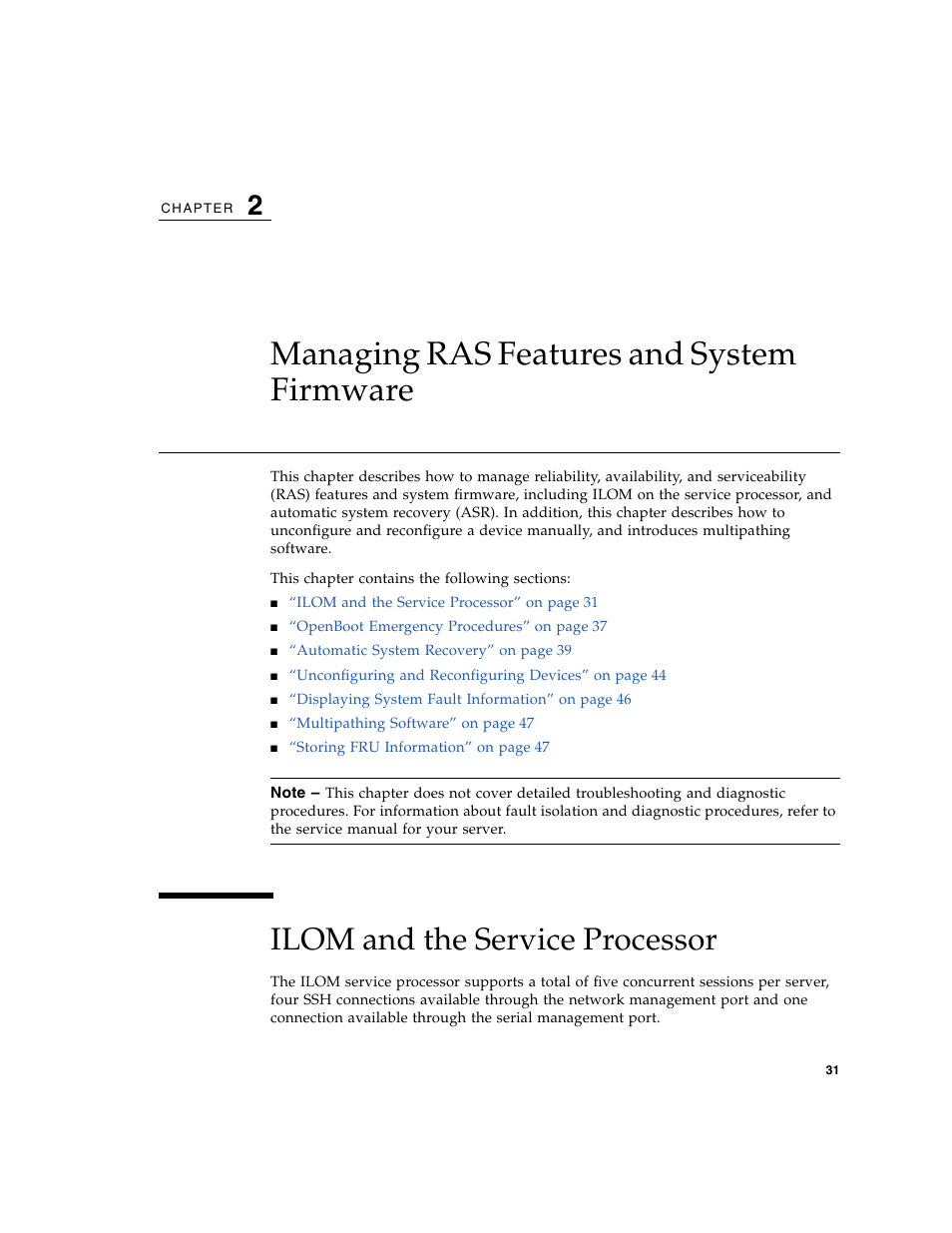 Managing ras features and system firmware, Ilom and the service processor, Chapter 2 | FUJITSU T5140 User Manual | Page 53 / 102