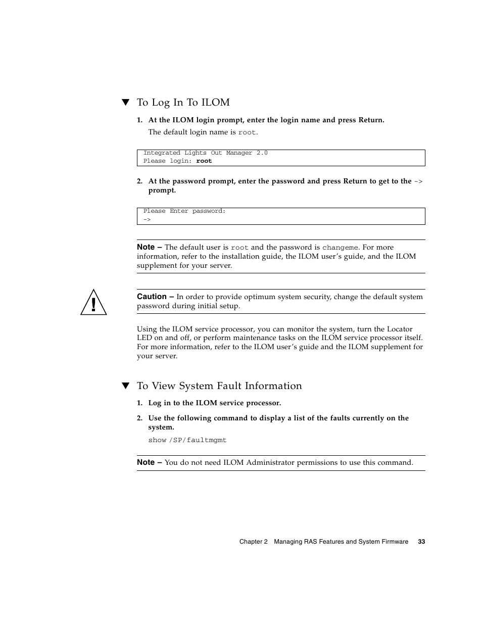 To log in to ilom, To view system fault information | FUJITSU T5140 User Manual | Page 55 / 102