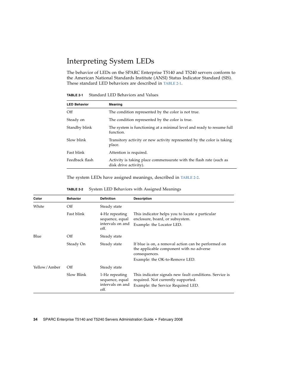 Interpreting system leds, Table 2-1, Table 2-2 | FUJITSU T5140 User Manual | Page 56 / 102