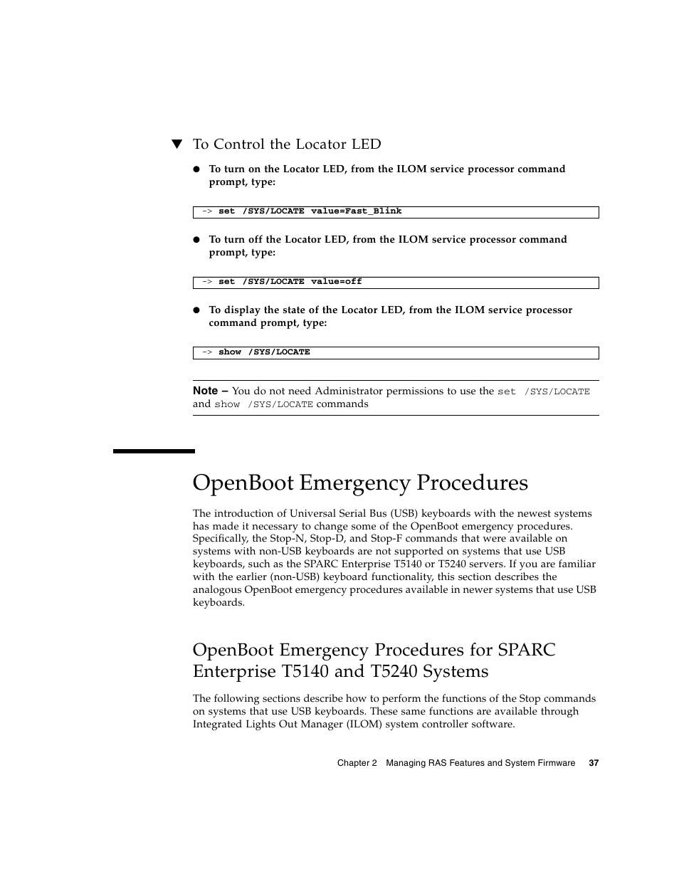 To control the locator led, Openboot emergency procedures, Systems | FUJITSU T5140 User Manual | Page 59 / 102