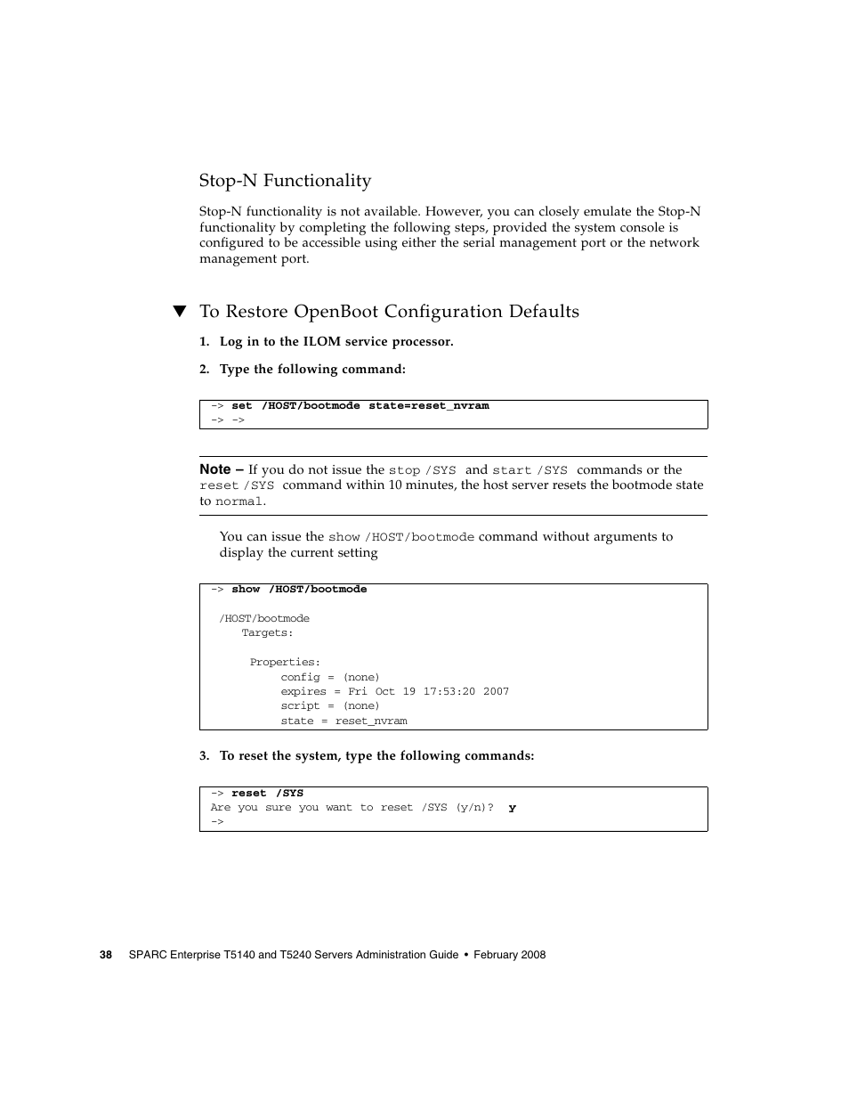 Stop-n functionality, To restore openboot configuration defaults | FUJITSU T5140 User Manual | Page 60 / 102