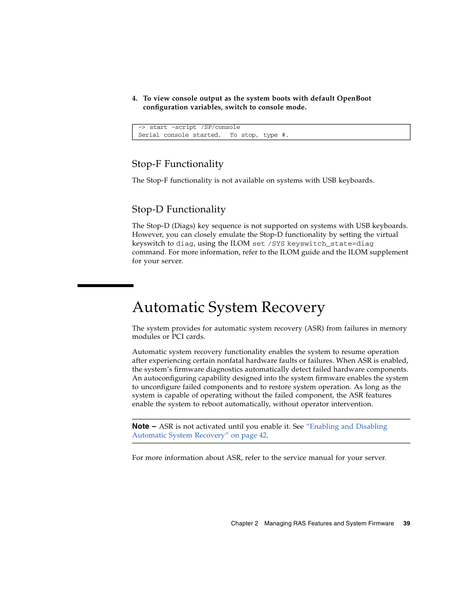 Stop-f functionality, Stop-d functionality, Automatic system recovery | FUJITSU T5140 User Manual | Page 61 / 102