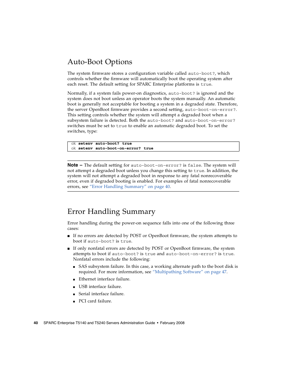 Auto-boot options, Error handling summary | FUJITSU T5140 User Manual | Page 62 / 102