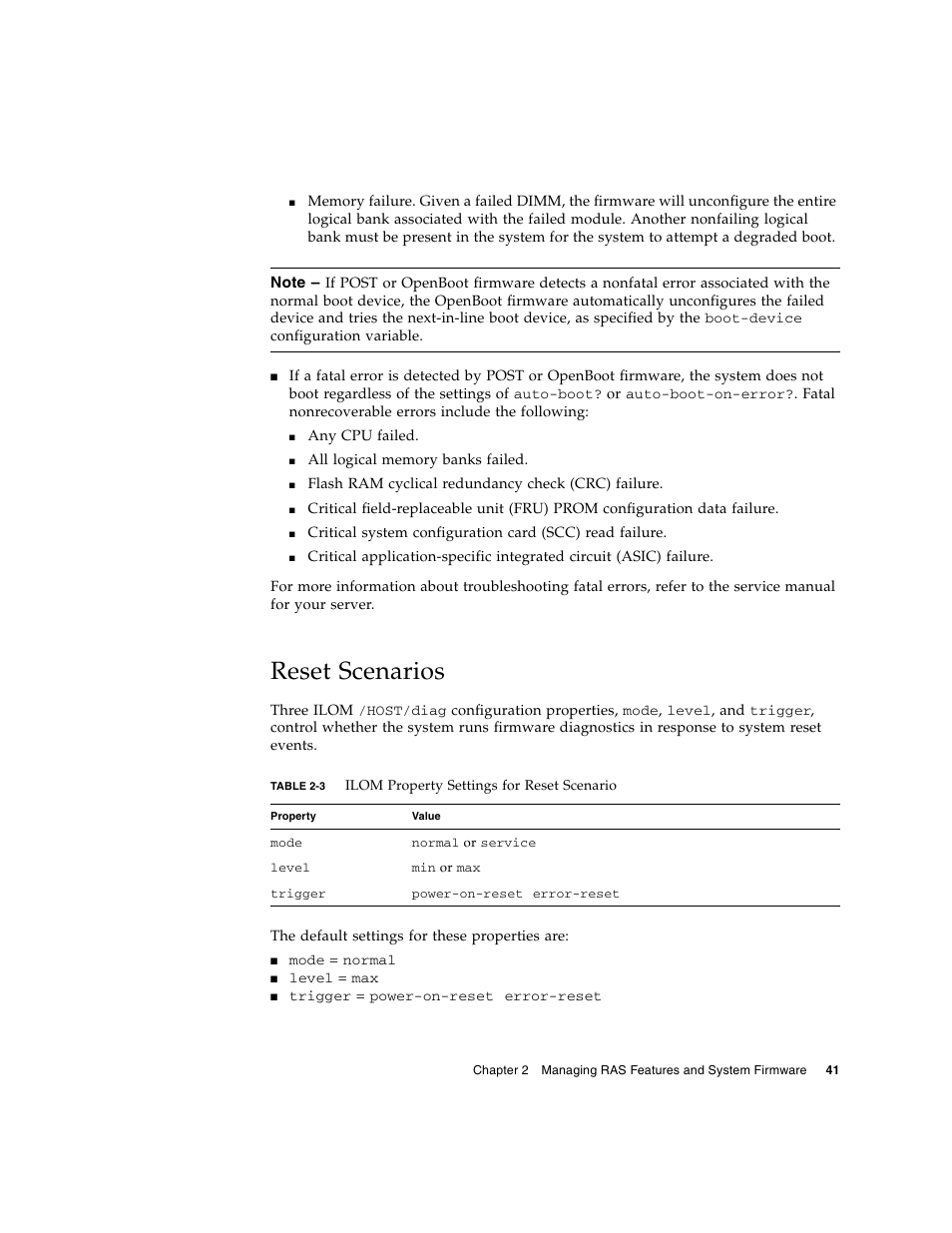 Reset scenarios, Table 2-3 | FUJITSU T5140 User Manual | Page 63 / 102