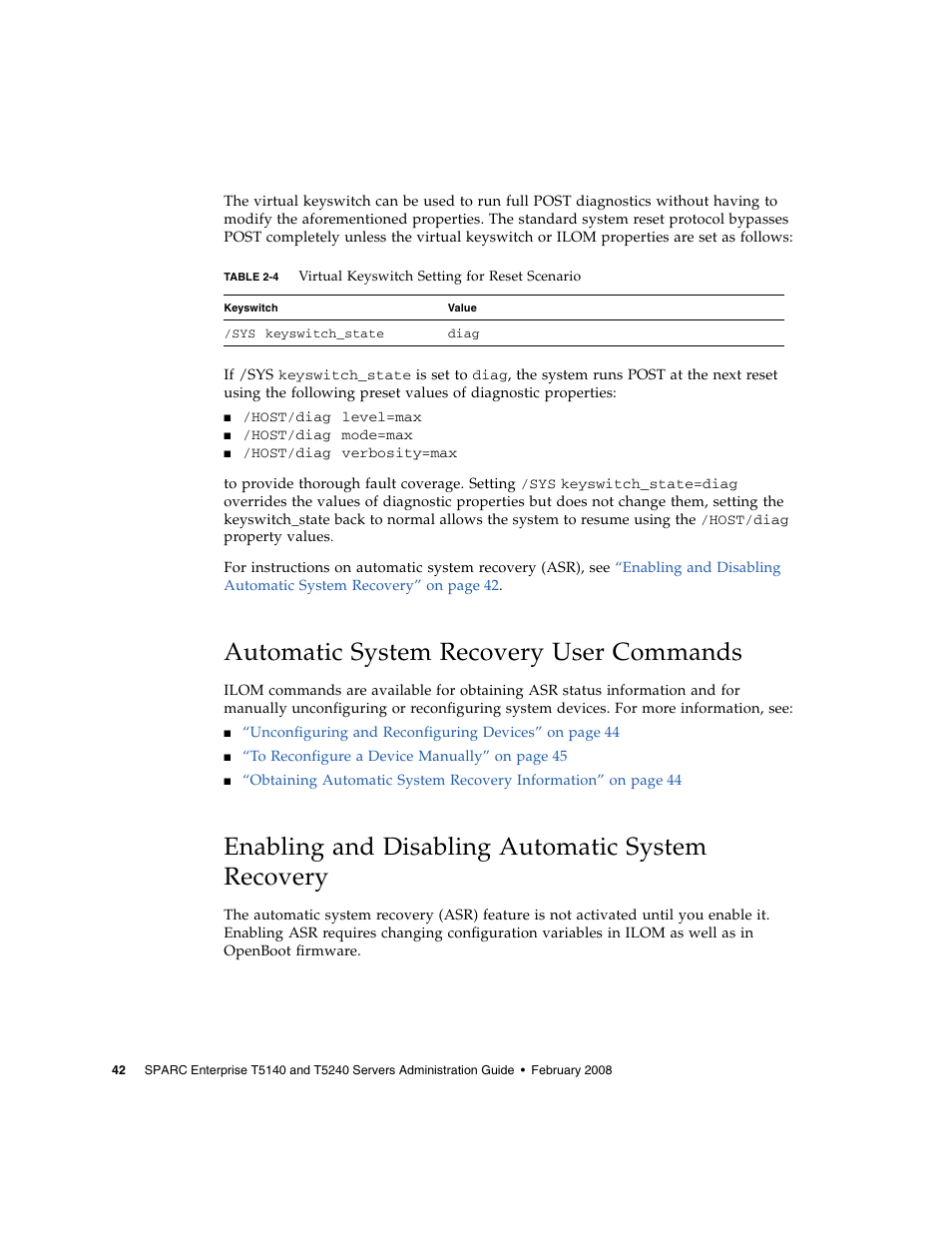 Automatic system recovery user commands, Enabling and disabling automatic system recovery, Table 2-4 | FUJITSU T5140 User Manual | Page 64 / 102