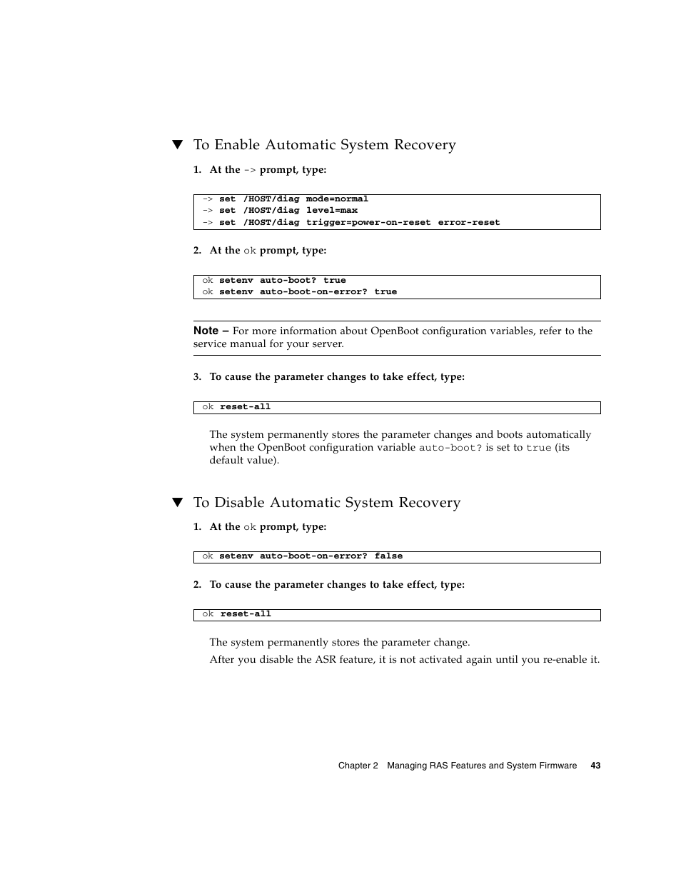 To enable automatic system recovery, To disable automatic system recovery | FUJITSU T5140 User Manual | Page 65 / 102