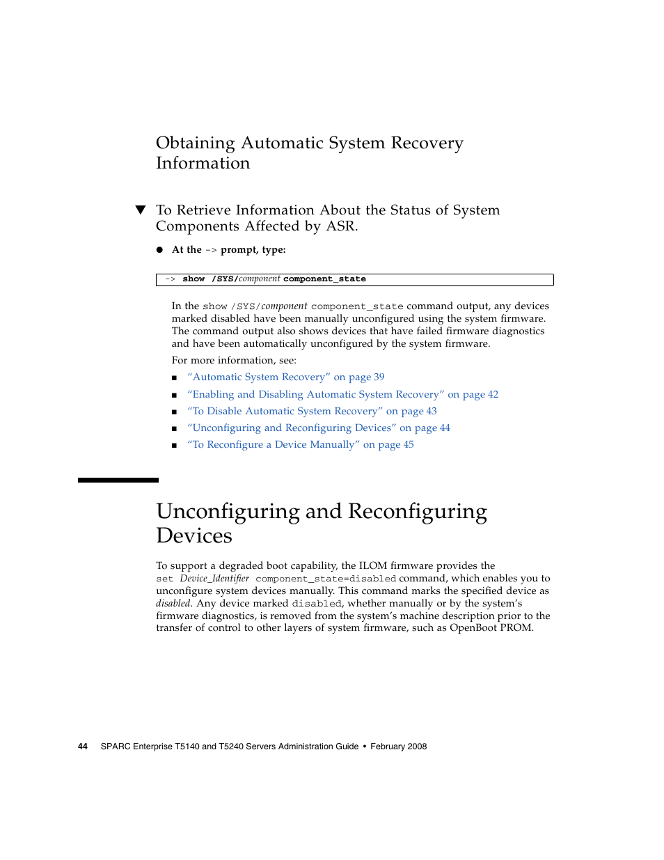 Obtaining automatic system recovery information, Unconfiguring and reconfiguring devices, Affected by asr | FUJITSU T5140 User Manual | Page 66 / 102