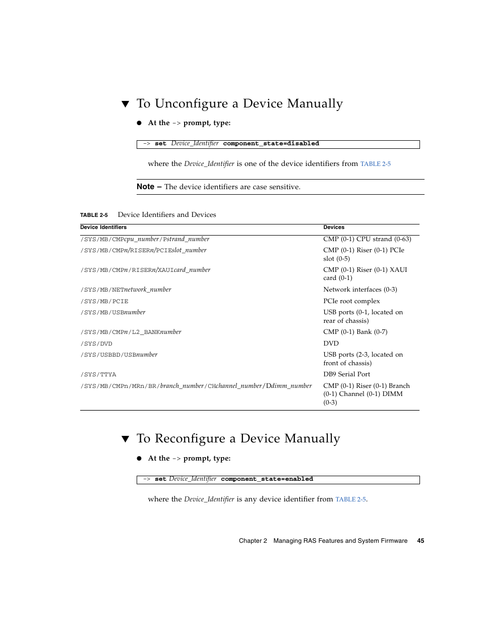 To unconfigure a device manually, To reconfigure a device manually, Table 2-5 | FUJITSU T5140 User Manual | Page 67 / 102