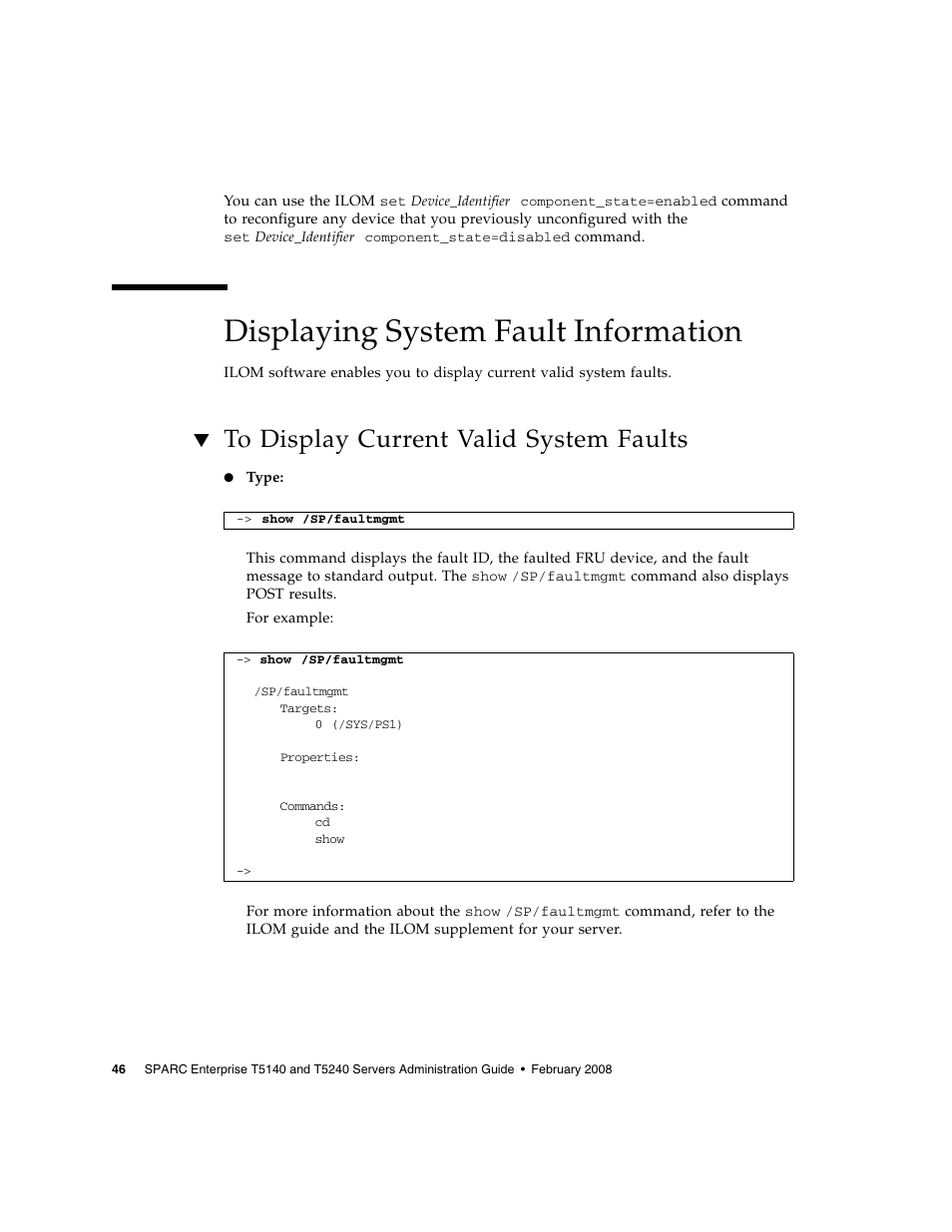 Displaying system fault information, To display current valid system faults | FUJITSU T5140 User Manual | Page 68 / 102