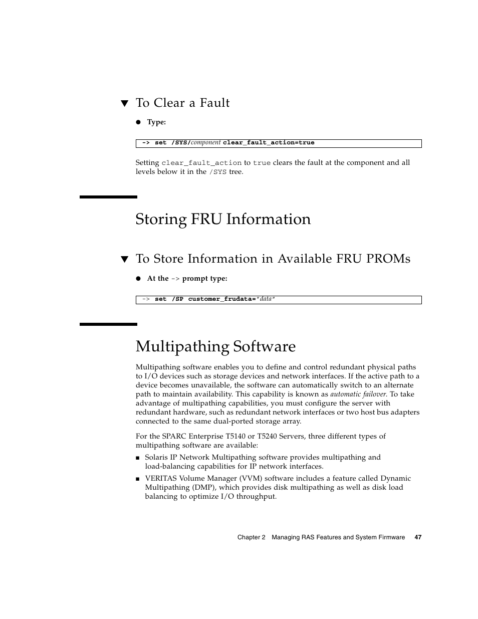 To clear a fault, Storing fru information, To store information in available fru proms | Multipathing software | FUJITSU T5140 User Manual | Page 69 / 102