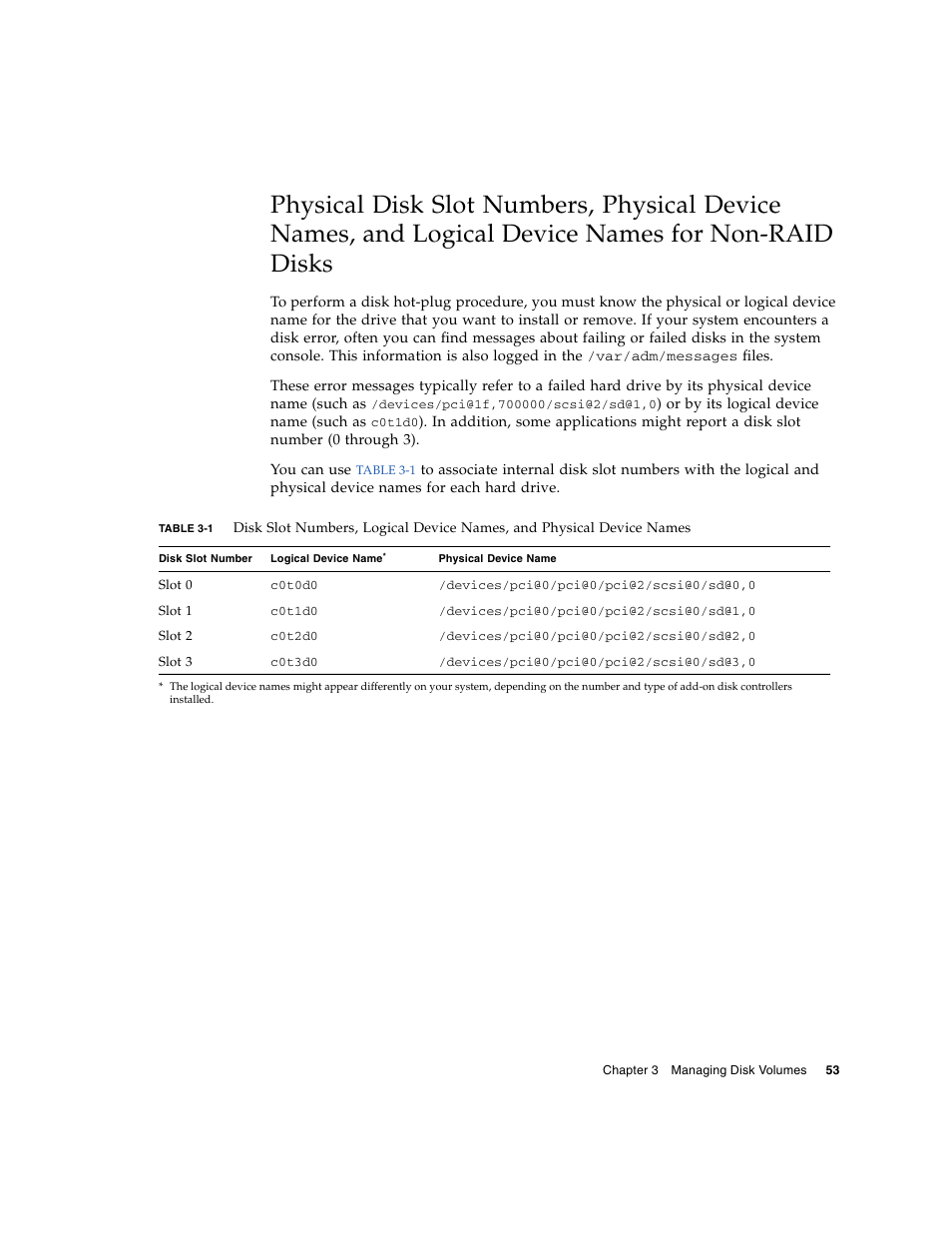 Names for non-raid disks, Table 3-1 | FUJITSU T5140 User Manual | Page 75 / 102