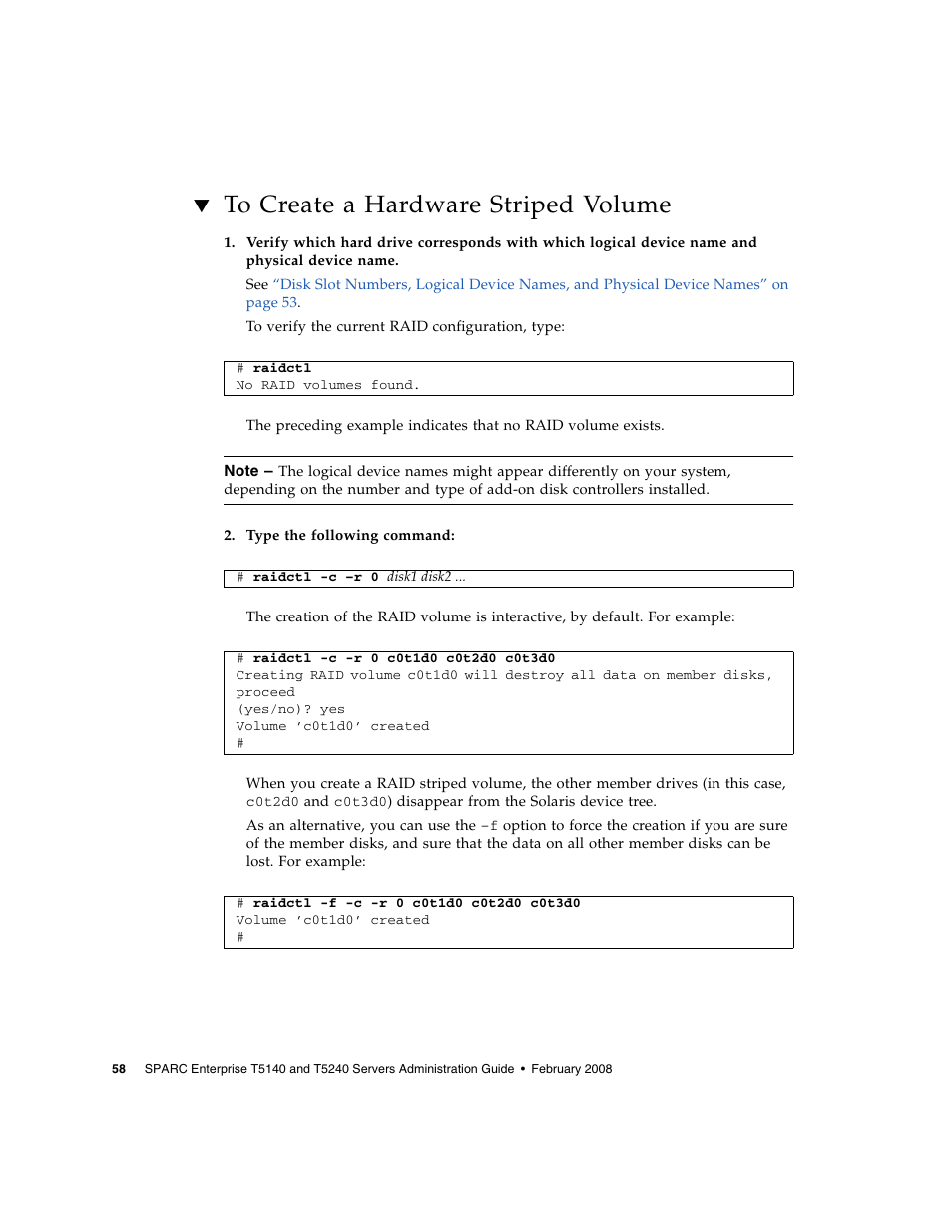 To create a hardware striped volume | FUJITSU T5140 User Manual | Page 80 / 102