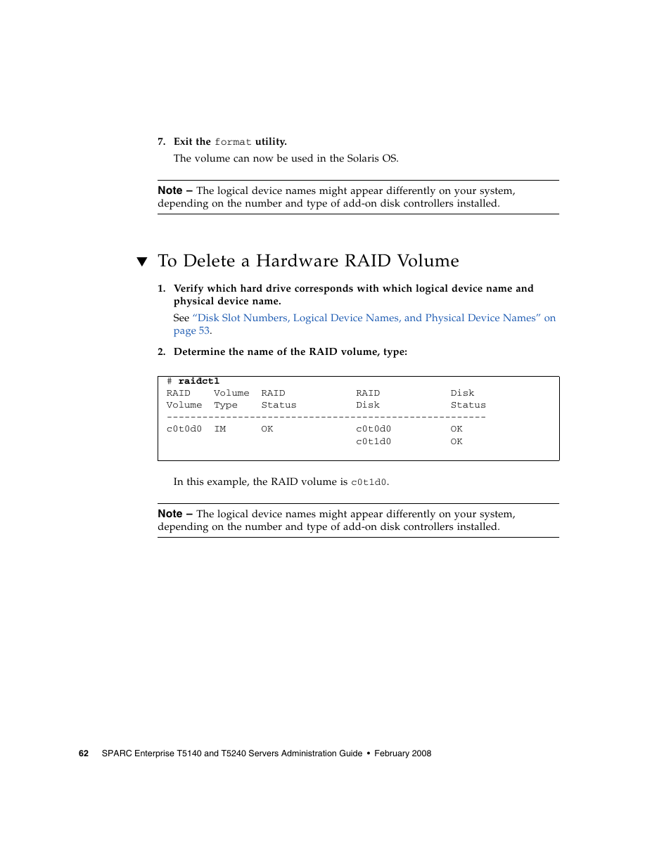 To delete a hardware raid volume | FUJITSU T5140 User Manual | Page 84 / 102