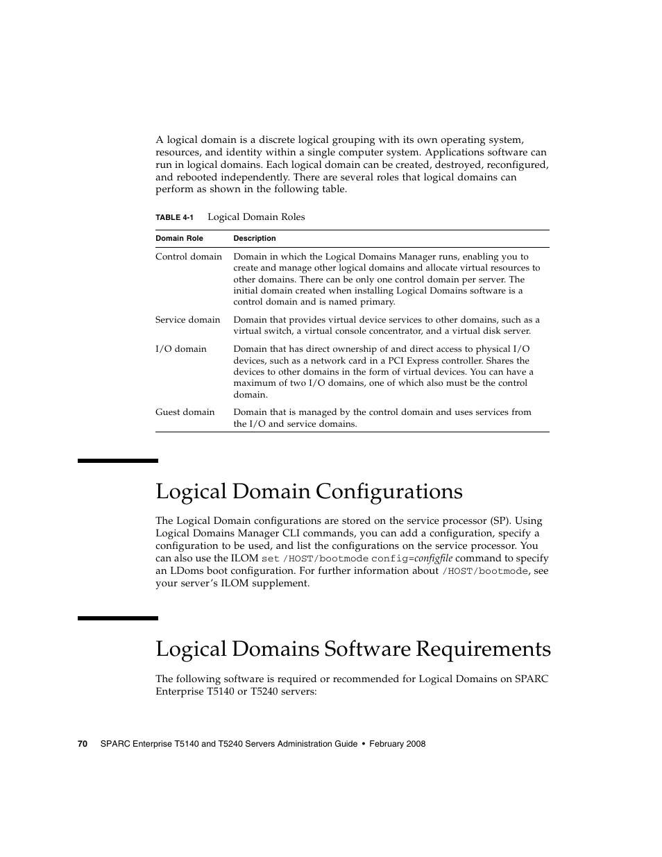 Logical domain configurations, Logical domains software requirements, Table 4-1 | FUJITSU T5140 User Manual | Page 92 / 102