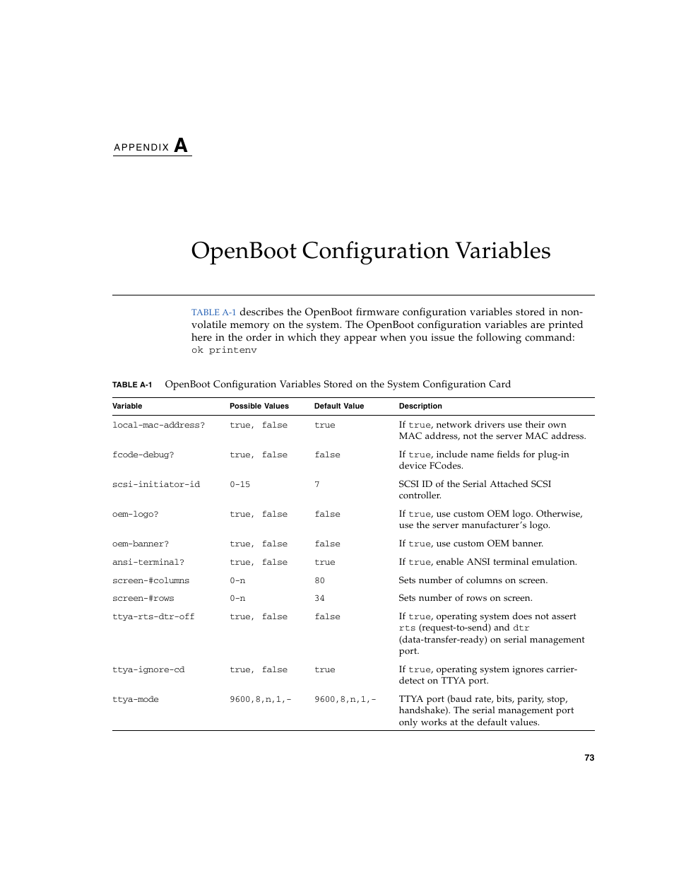 Openboot configuration variables, Table a-1, Appendix a | FUJITSU T5140 User Manual | Page 95 / 102