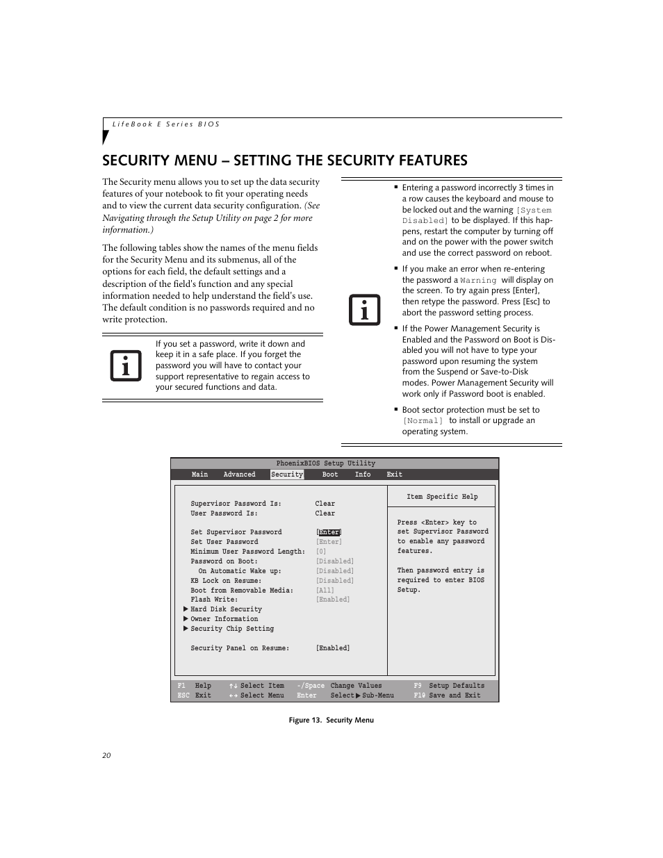 Security menu - setting the security features, Security menu – setting the security features | FUJITSU E8020 User Manual | Page 20 / 28