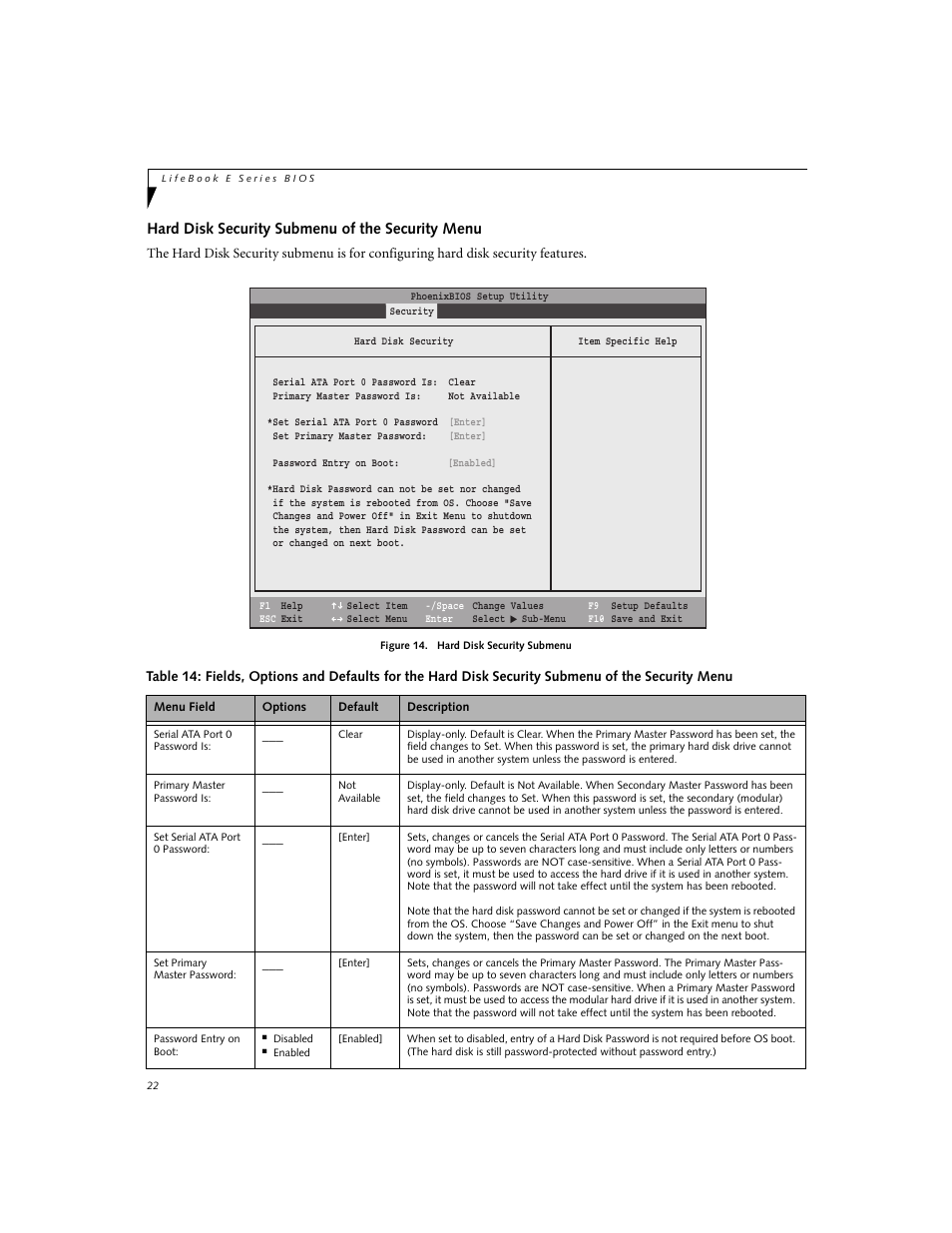 Hard disk security submenu of the security menu | FUJITSU E8020 User Manual | Page 22 / 28