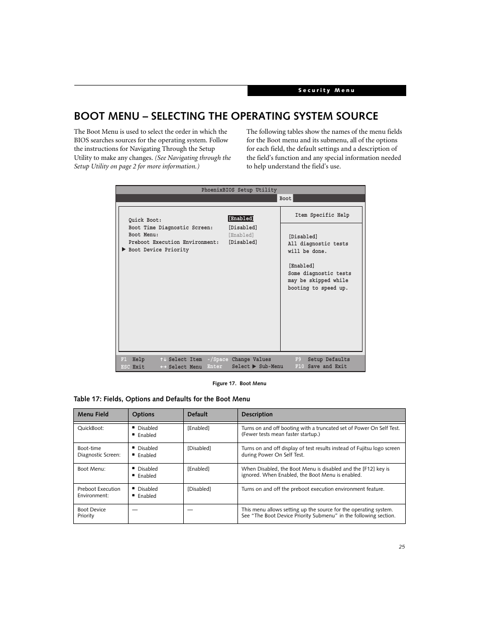 Boot menu - selecting the operating system source, Boot menu – selecting the operating system source | FUJITSU E8020 User Manual | Page 25 / 28