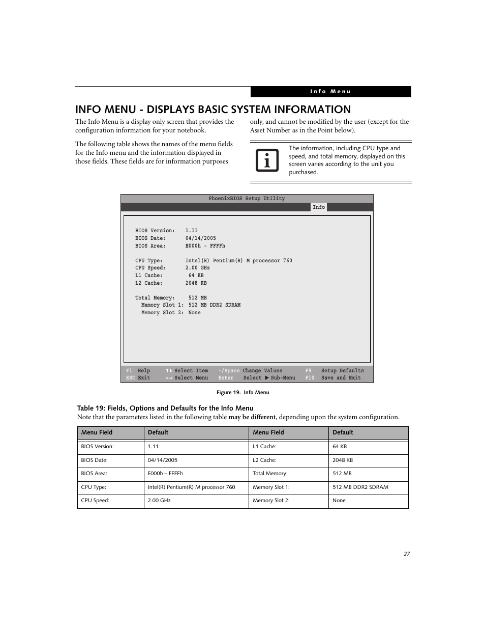 Info menu - displays basic system information | FUJITSU E8020 User Manual | Page 27 / 28