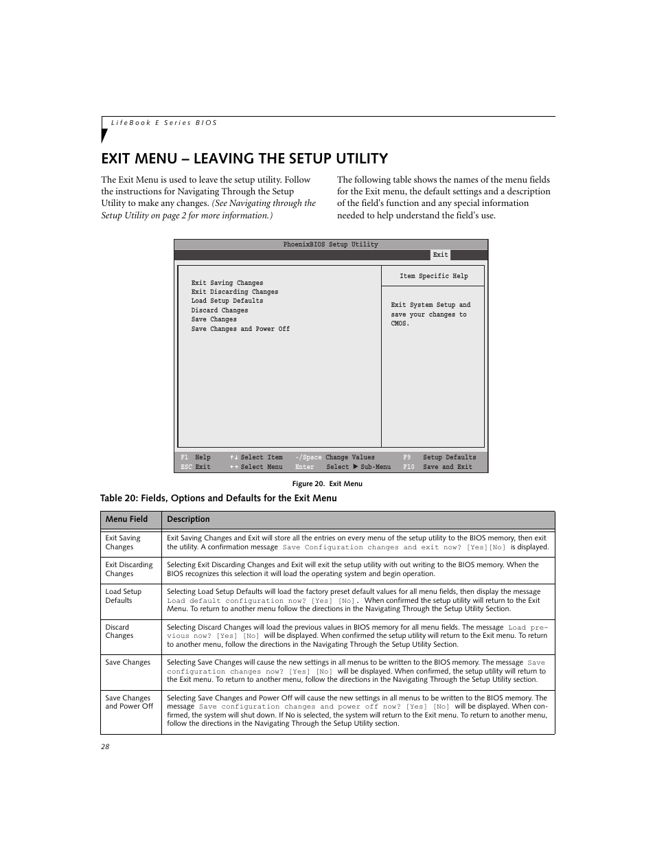 Exit menu - leaving the setup utility, Exit menu – leaving the setup utility | FUJITSU E8020 User Manual | Page 28 / 28