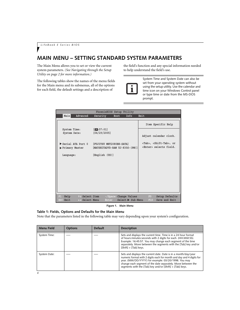 Main menu - setting standard system parameters, Main menu – setting standard system parameters | FUJITSU E8020 User Manual | Page 4 / 28