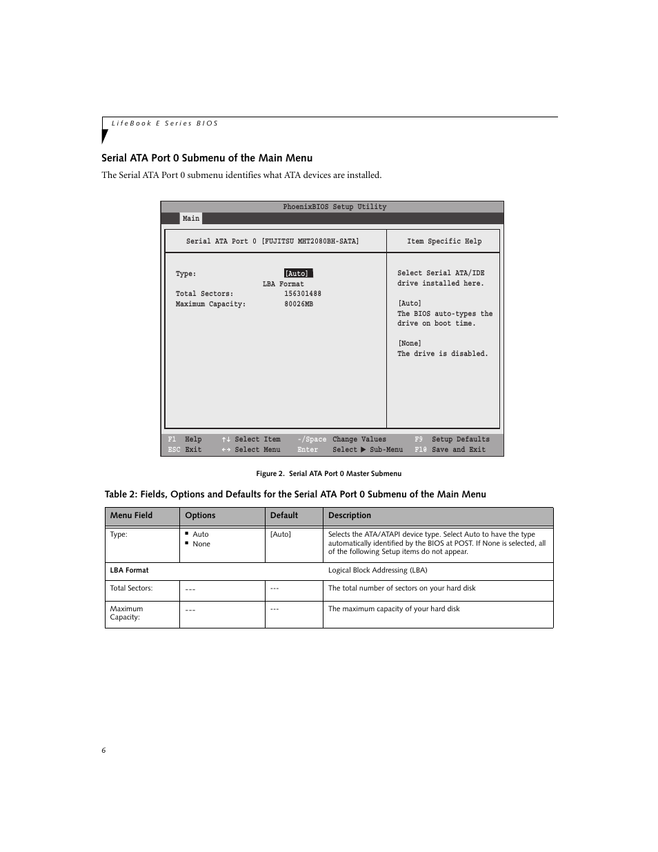 Serial ata port 0 submenu of the main menu | FUJITSU E8020 User Manual | Page 6 / 28