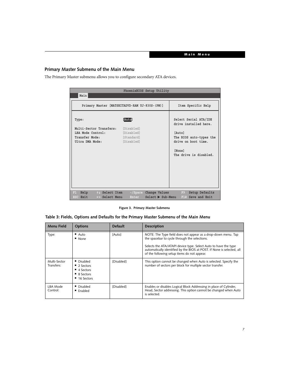 Primary master submenu of the main menu | FUJITSU E8020 User Manual | Page 7 / 28