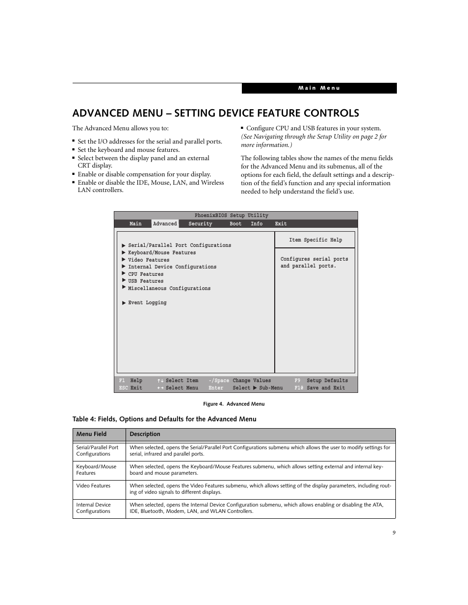 Advanced menu - setting device feature controls, Advanced menu – setting device feature controls | FUJITSU E8020 User Manual | Page 9 / 28