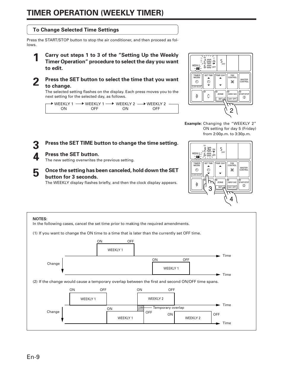 Timer operation (weekly timer), En-9, Press the set button | FUJITSU AOU36RC User Manual | Page 10 / 19