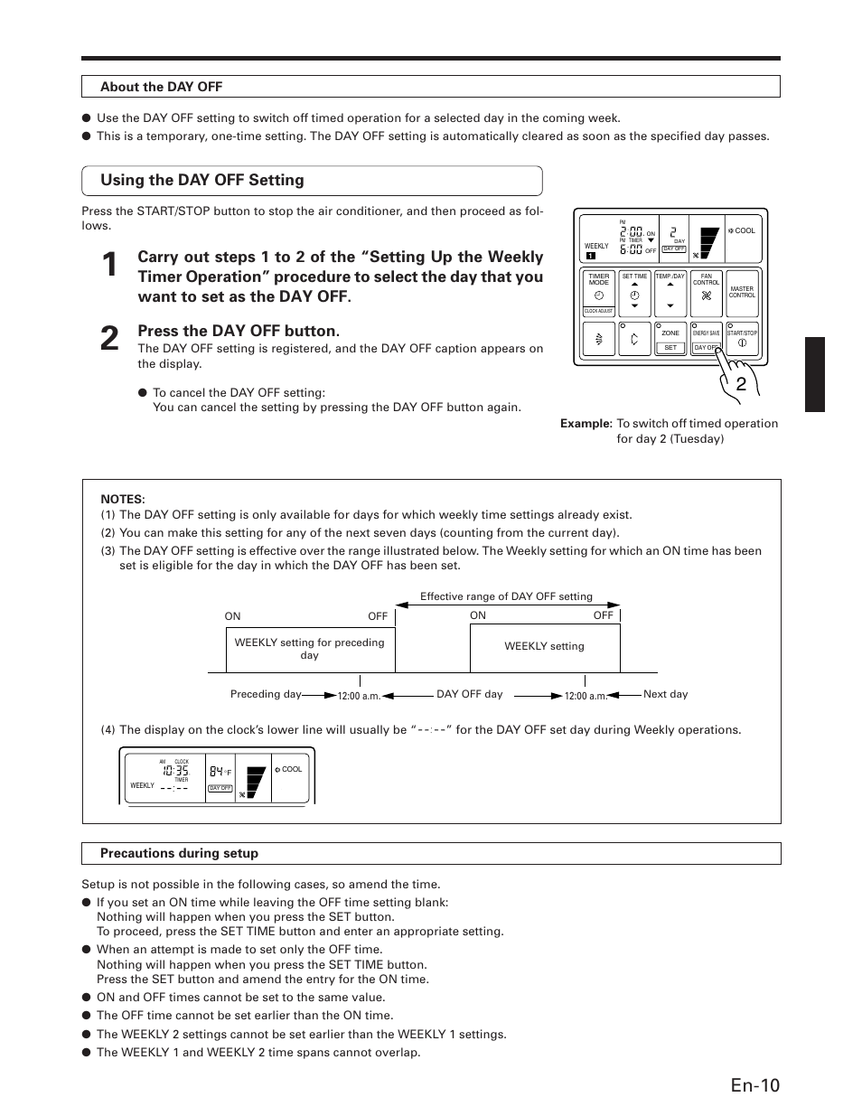 En-10, Using the day off setting, Press the day off button | About the day off, Precautions during setup | FUJITSU AOU36RC User Manual | Page 11 / 19